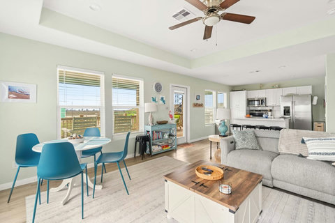 Dining table, living room and kitchen in one space
