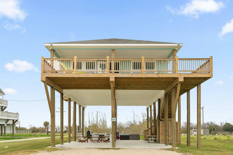 Covered deck with a view down the street