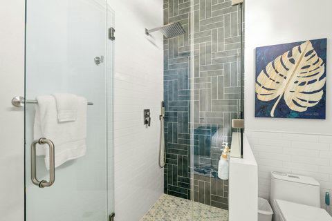 Walk-in shower in the private bath