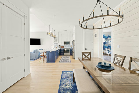 Dining table near the kitchen and bunk room