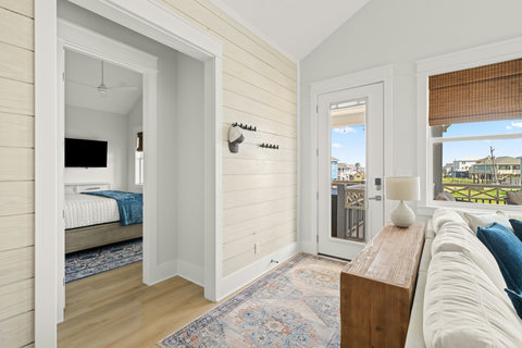 Living room with a door to the deck