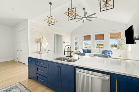 Double sink with a view of the living room
