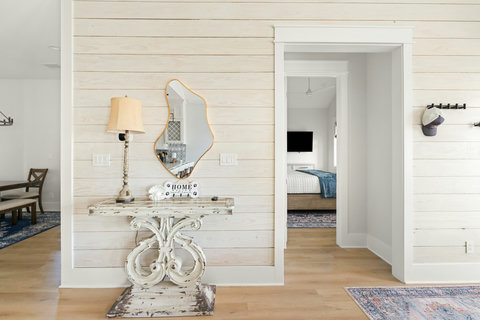 Entry table with shiplap walls