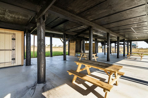 Picnic tables in the shade