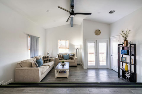 Living room with French doors to the deck