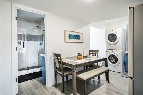 Dining table, laundry and bath