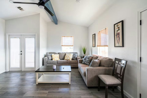 Living room with French doors to the deck
