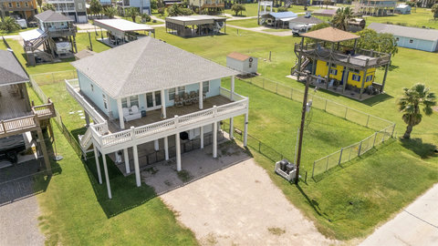 The house from above, with the yard and patio