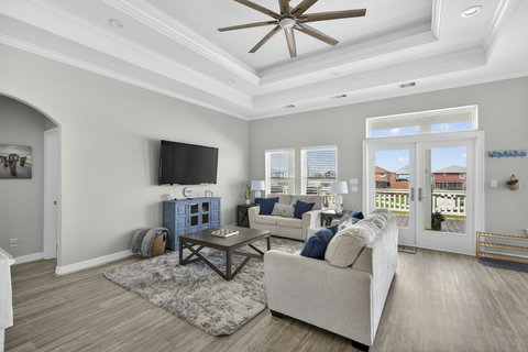Living room with French doors to the deck