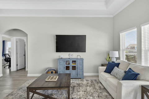 Sofas and a coffee table with board games