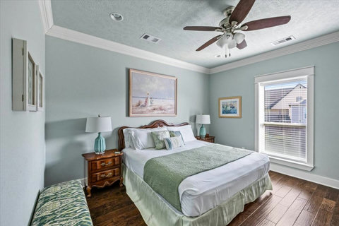 Bedroom with a classic wood headboard