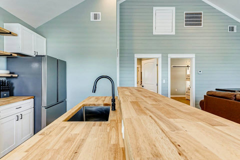 Kitchen island with a view of the living room