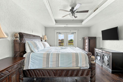 Primary bedroom with a sleigh bed and TV