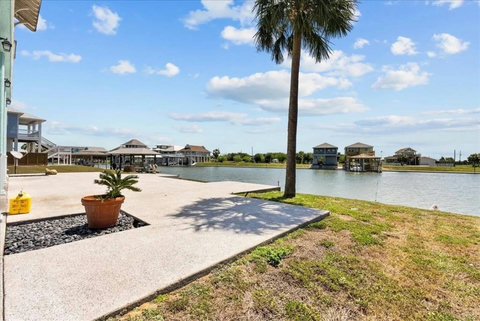 Patio with a palm tree by the water