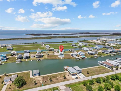 Aerial view: the canal leads out to the bay
