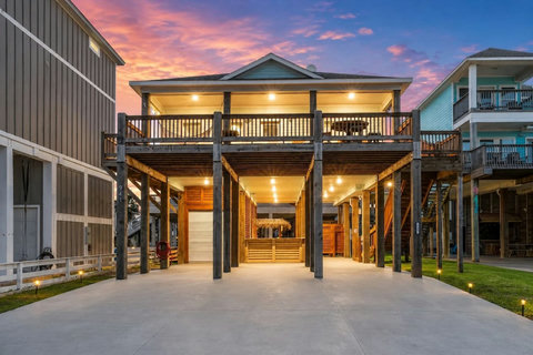Twilight glow on the decks and patio below