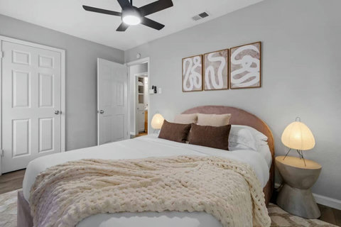 Bedroom with an upholstered headboard