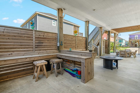 Outdoor bar seating and fire table