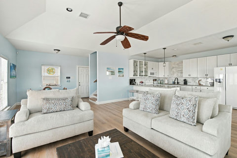 Living room open to the kitchen
