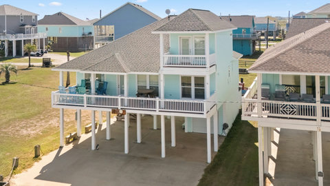Aerial view of the house and its decks