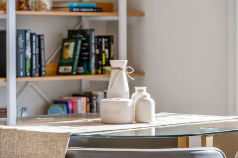 Dining area with access to a small library.