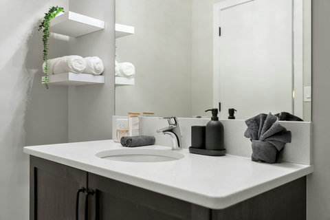 Sleek modern bathroom with elegant white vanity and spa touches