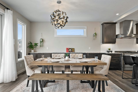 Stylish dining space with warm wood table and custom banquette seating