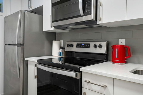 Fully equipped modern kitchen with stainless steel appliances and ample counter space