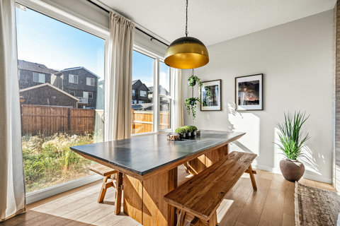 Bright dining space with designer pendant light and garden views