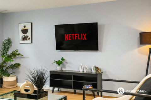 Stylish living room with streaming entertainment and comfortable seating
