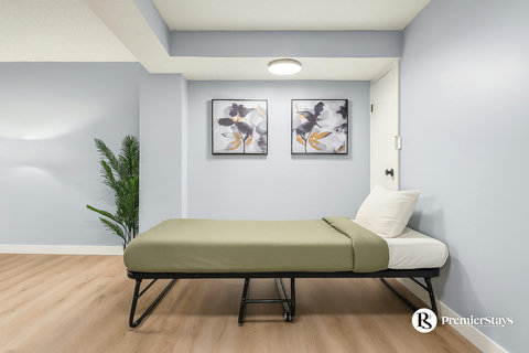 Serene guest bedroom with natural accents and modern furnishings