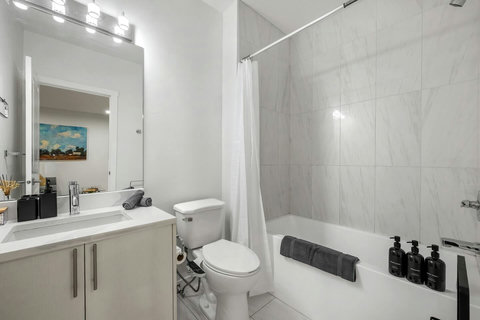 Luxurious modern bathroom with soaking tub and walk-in shower