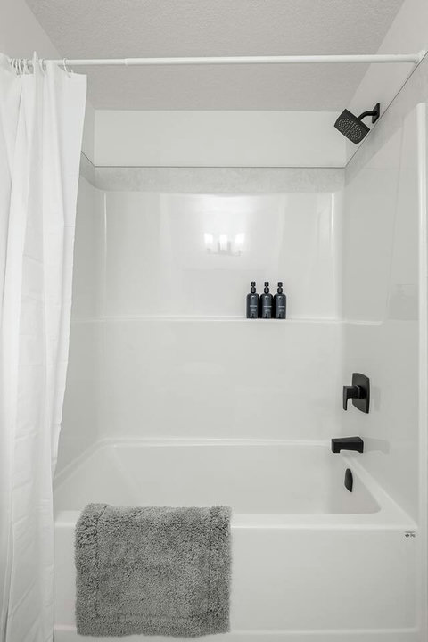 Sleek walk-in shower with rainfall showerhead and convenient built-in niche