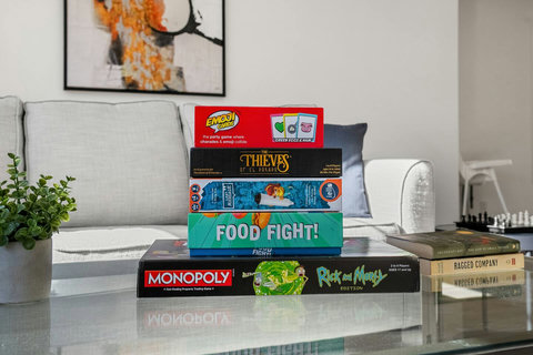 Entertainment-ready living room with curated board game collection