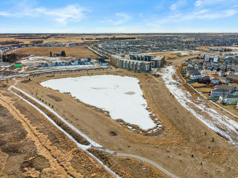 Beautiful community pond surrounded by landscaped grounds and homes