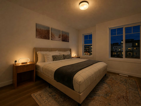 Stylish master bedroom overlooking the city lights at night