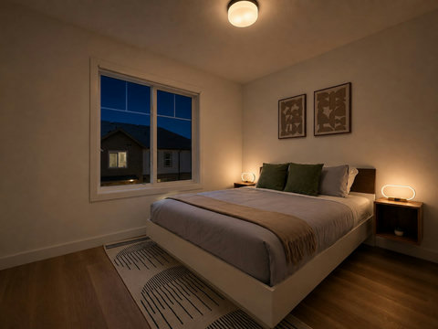 Peaceful master bedroom with contemporary design and city vistas