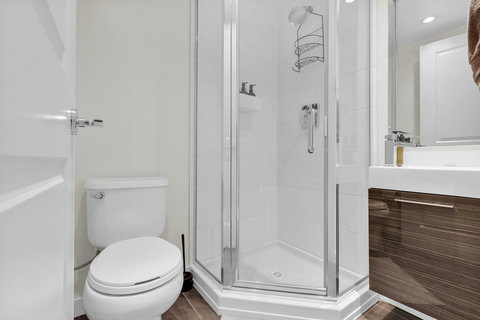 Sleek modern bathroom featuring a spacious walk-in shower and elegant vanity