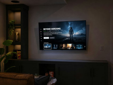 Cozy living room with modern entertainment setup and ambient lighting