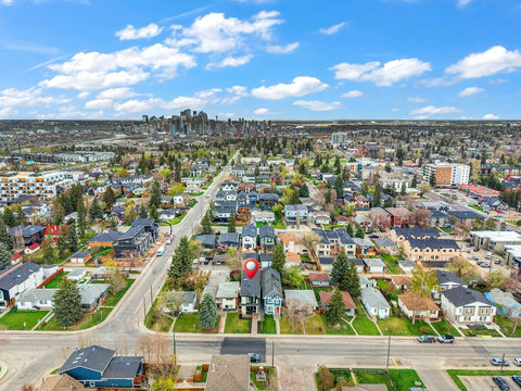 Stunning aerial view of the vibrant city skyline and surrounding neighborhoods