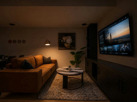 Stylish living room with ambient lighting and entertainment for cozy evenings in