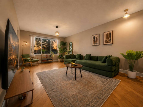 Stylish living room with comfortable seating and beautiful sunset views