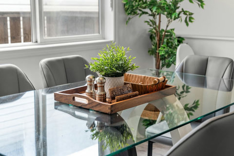 Bright dining space with contemporary glass table and fresh plants