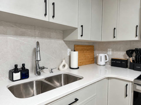 Kitchen sink, kettle and prep space