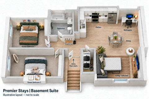 Floor plan: 2 queen bedrooms plus queen sofa bed in the living room