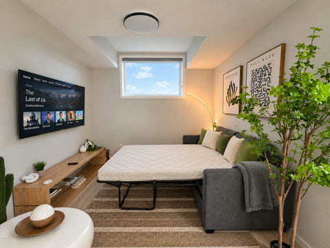Living room with queen fold-out sofa bed opened, sleeps 2 more