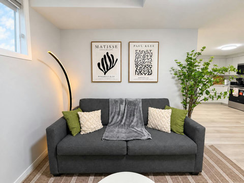 Queen fold-out sofa bed with throw pillows and blanket