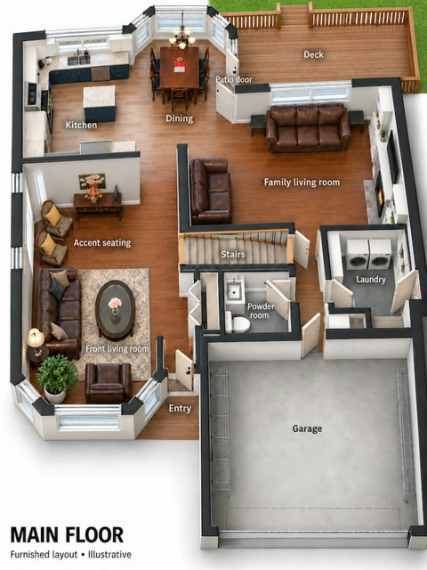 Illustrated main-floor layout showing the two living rooms, kitchen, dining, laundry, powder room, garage and deck. Not a measured architectural drawing.