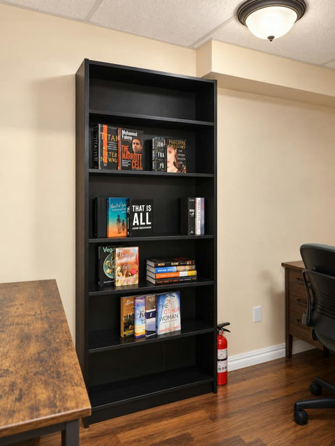 Bookcase detail in the basement office.