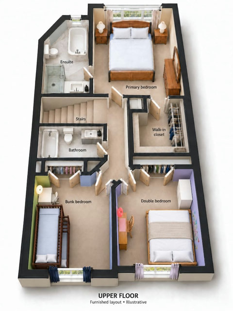 Illustrated upper-floor layout showing the three bedrooms and bathrooms. Provided to help explain the layout; not a measured architectural drawing.